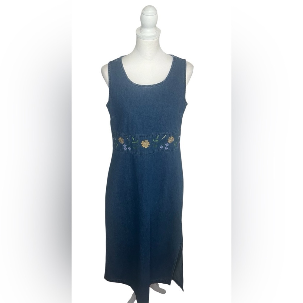 Erika Vintage EUC Cotton Denim Jumper Floral Embroidery Sz S Teachercore 90s